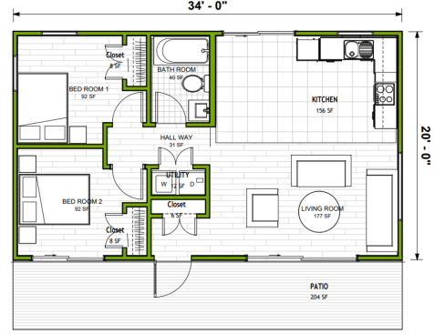 Modern tiny home plan with two bedrooms, floor plan. See details at Houseplans.