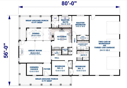 1 story house plan with wraparound porch, floor plan. See interior views at Houseplans.
