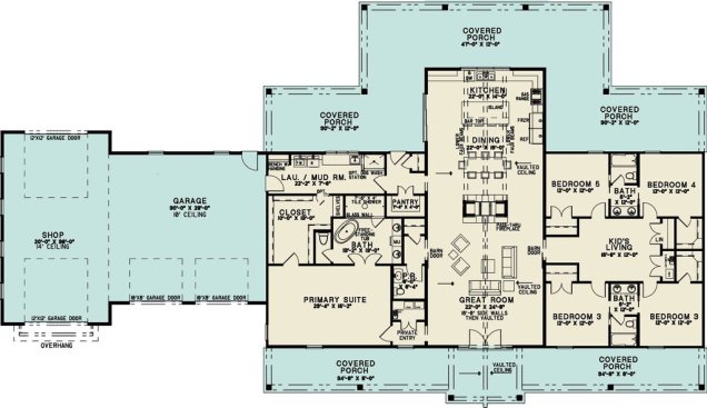 Barndominium plan with big kitchen, floor plan. See details at Houseplans.