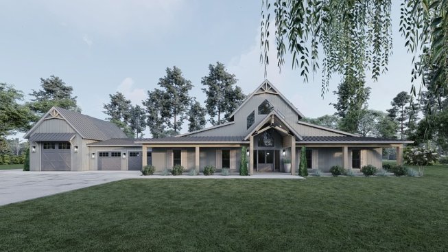 Barndominium plan with big kitchen, front exterior. See details at Houseplans.