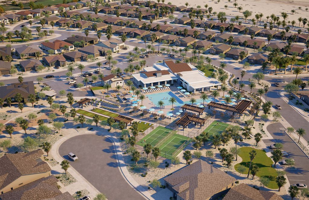 An aerial rendering of the Del Webb Explore Palm Desert community in southern California.