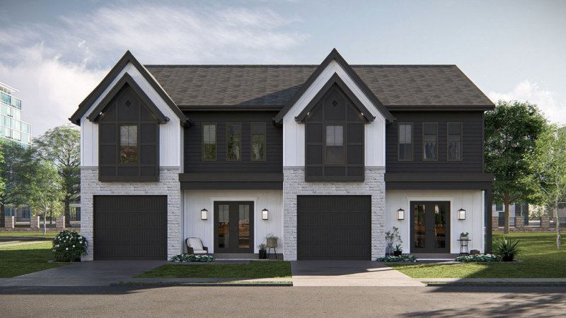 Modern duplex plan, front exterior. See more views at Houseplans.
