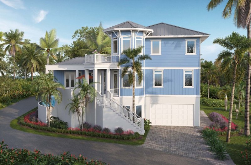 Florida house plan with porches, front exterior. See details at Houseplans.